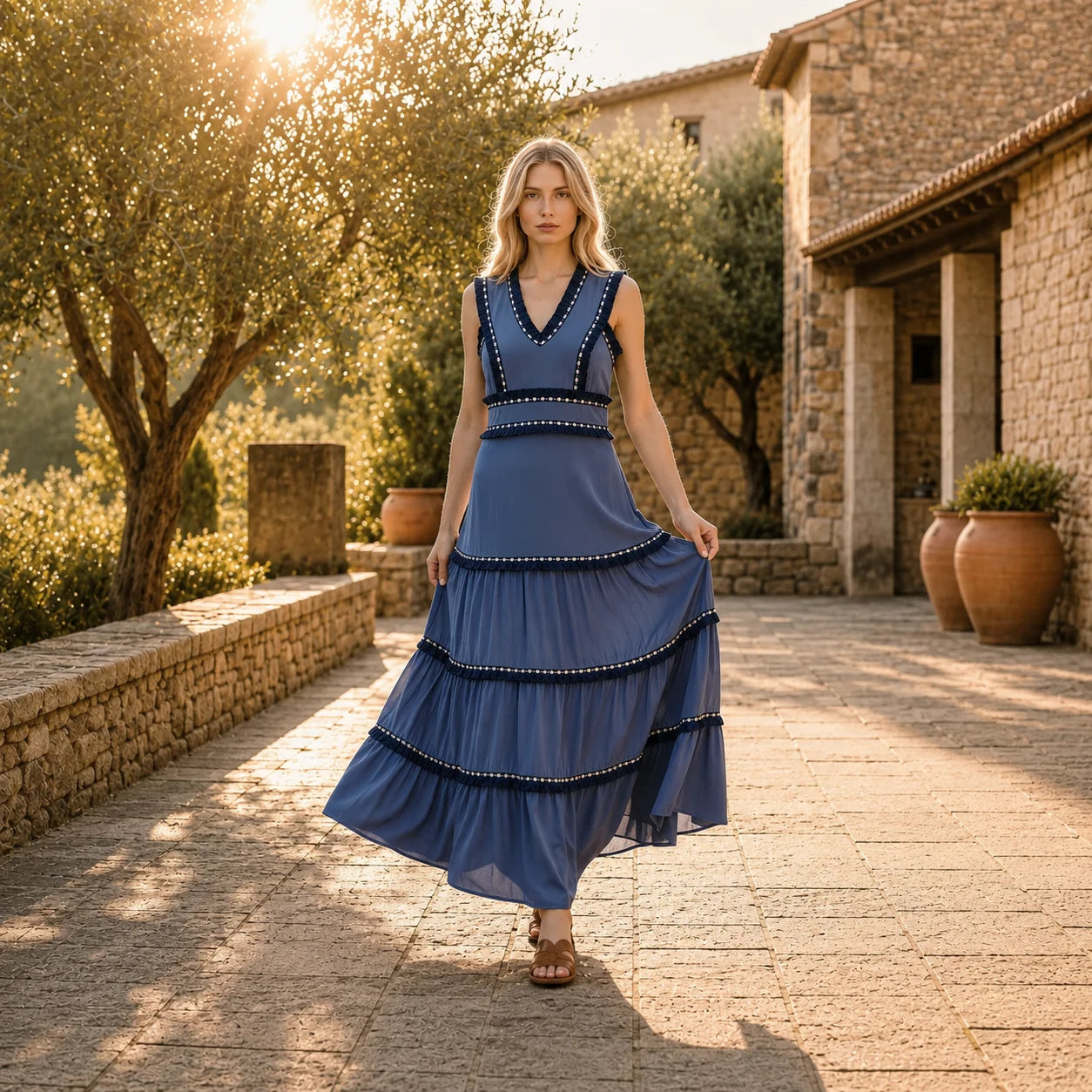 Robe Longue à Encolure V et Plissée Fiammetta