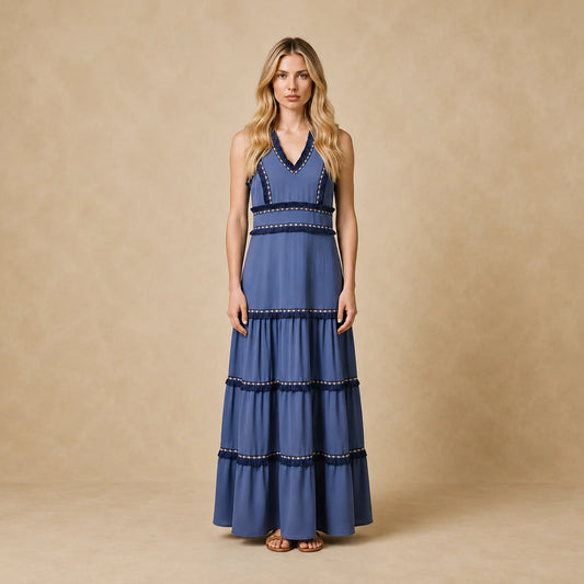 Robe Longue à Encolure V et Plissée Fiammetta