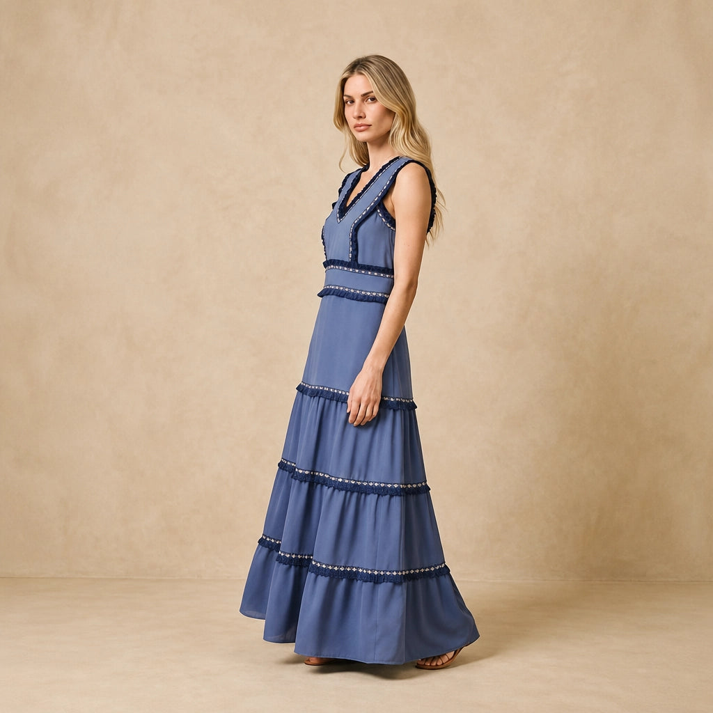 Robe Longue à Encolure V et Plissée Fiammetta