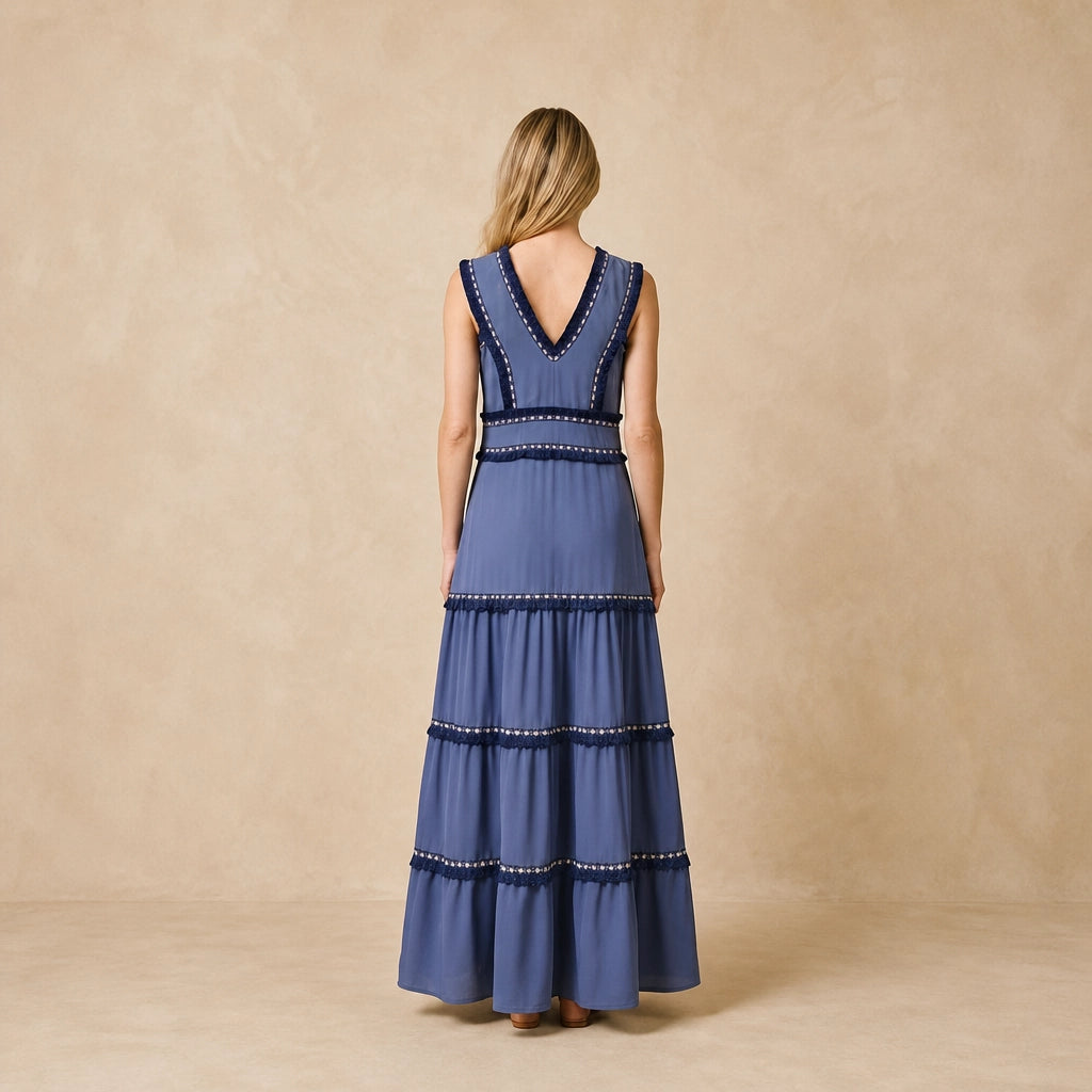 Robe Longue à Encolure V et Plissée Fiammetta