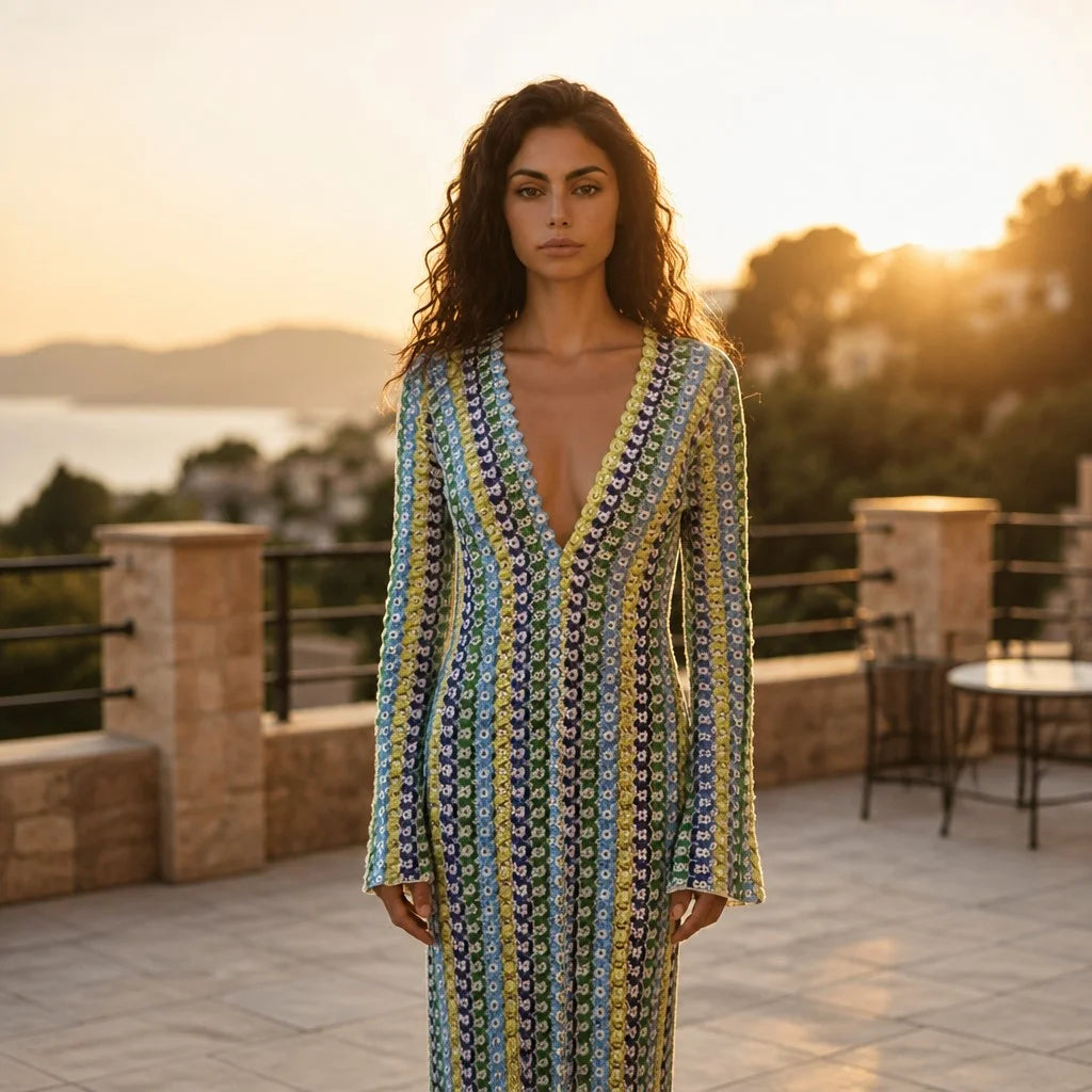 Robe Longue en Maille Crochet à Rayures Caterina