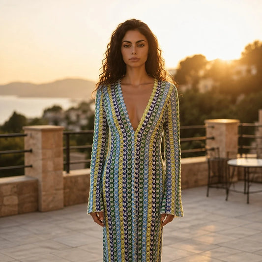 Robe Longue en Maille Crochet à Rayures Caterina