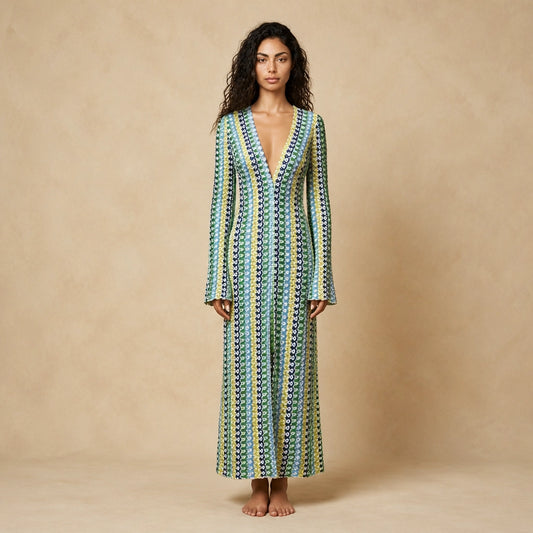 Robe Longue en Maille Crochet à Rayures Caterina