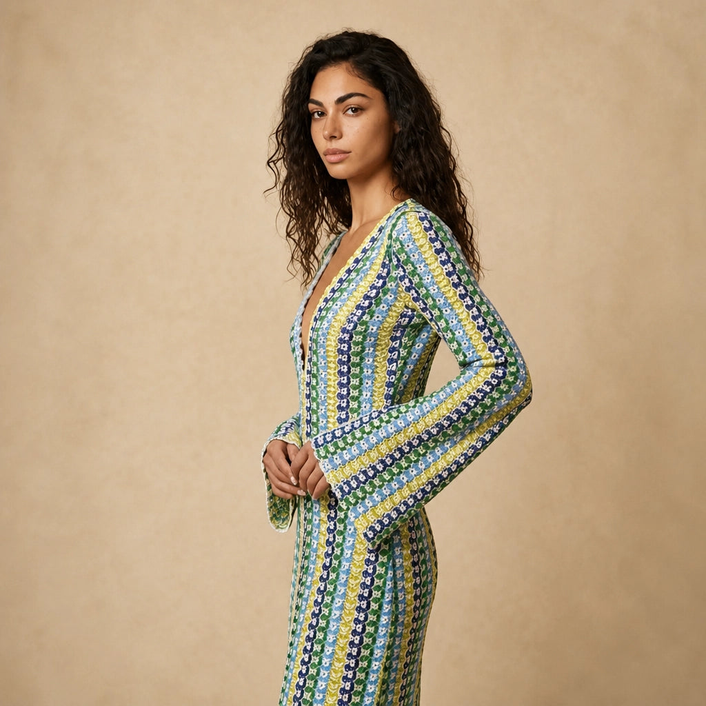 Robe Longue en Maille Crochet à Rayures Caterina