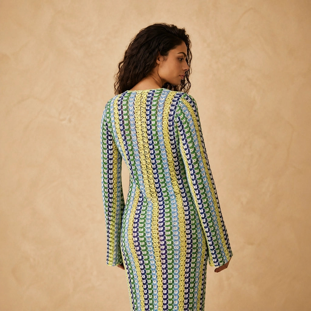 Robe Longue en Maille Crochet à Rayures Caterina