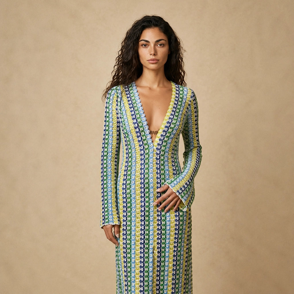 Robe Longue en Maille Crochet à Rayures Caterina