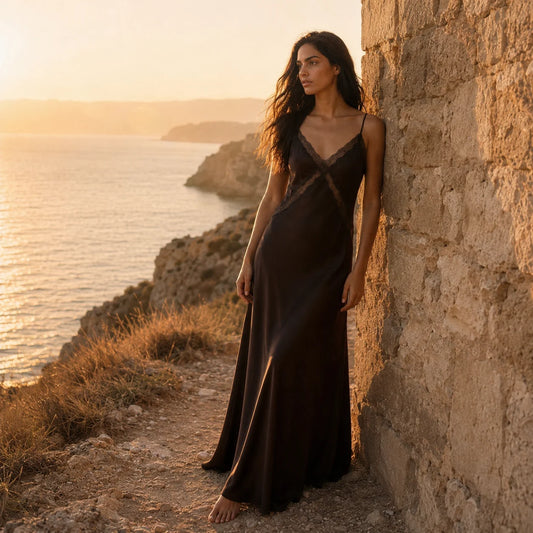 Robe Longue en Satin et Dentelle Ciselée Marcelli