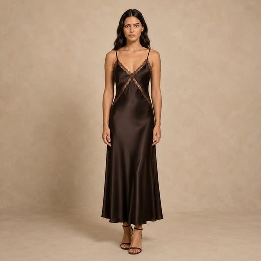 Robe Longue en Satin et Dentelle Ciselée Marcelli