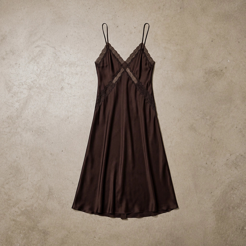 Robe Longue en Satin et Dentelle Ciselée Marcelli