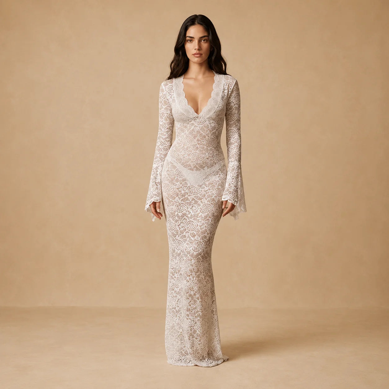 Robe Maxi en Dentelle Transparente à Manches Évasées Fanara
