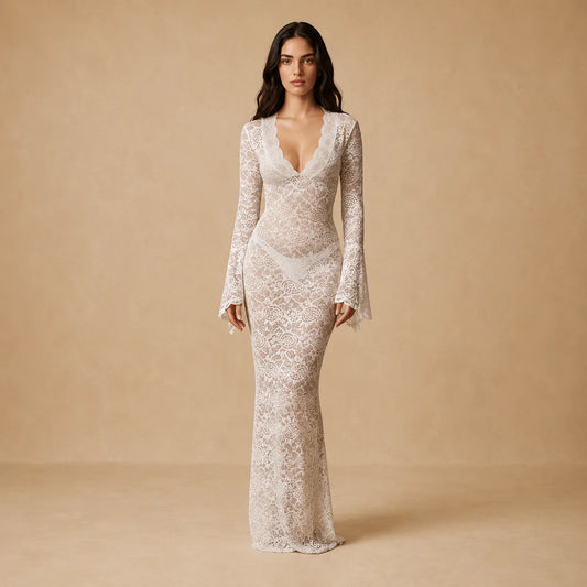 Robe Maxi en Dentelle Transparente à Manches Évasées Fanara