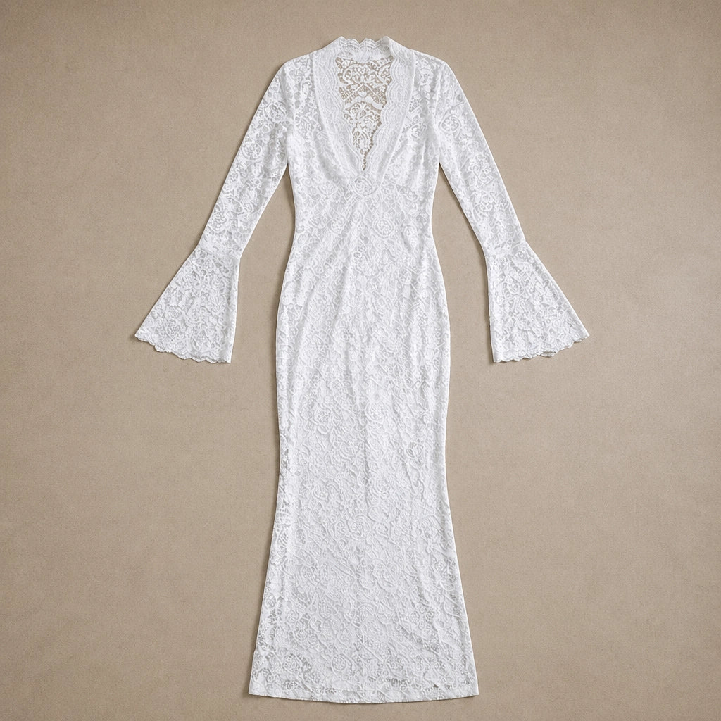 Robe Maxi en Dentelle Transparente à Manches Évasées Fanara