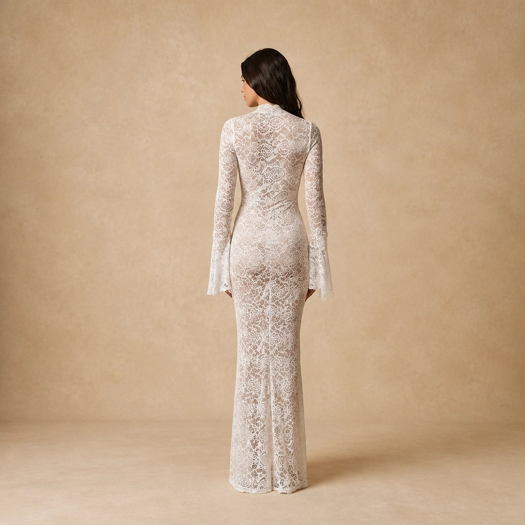 Robe Maxi en Dentelle Transparente à Manches Évasées Fanara