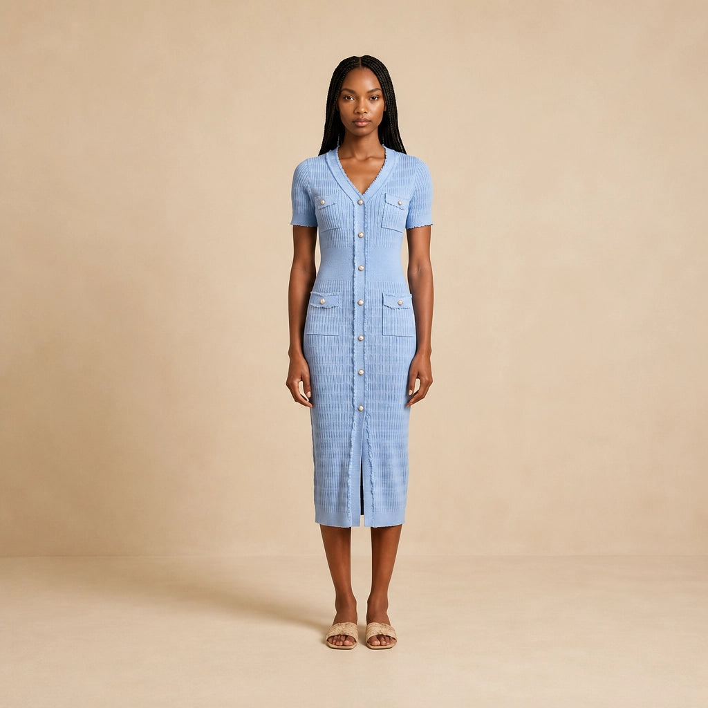 Robe Midi Tricotée à Boutonnage Perles Carlina