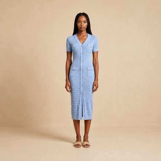 Robe Midi Tricotée à Boutonnage Perles Carlina