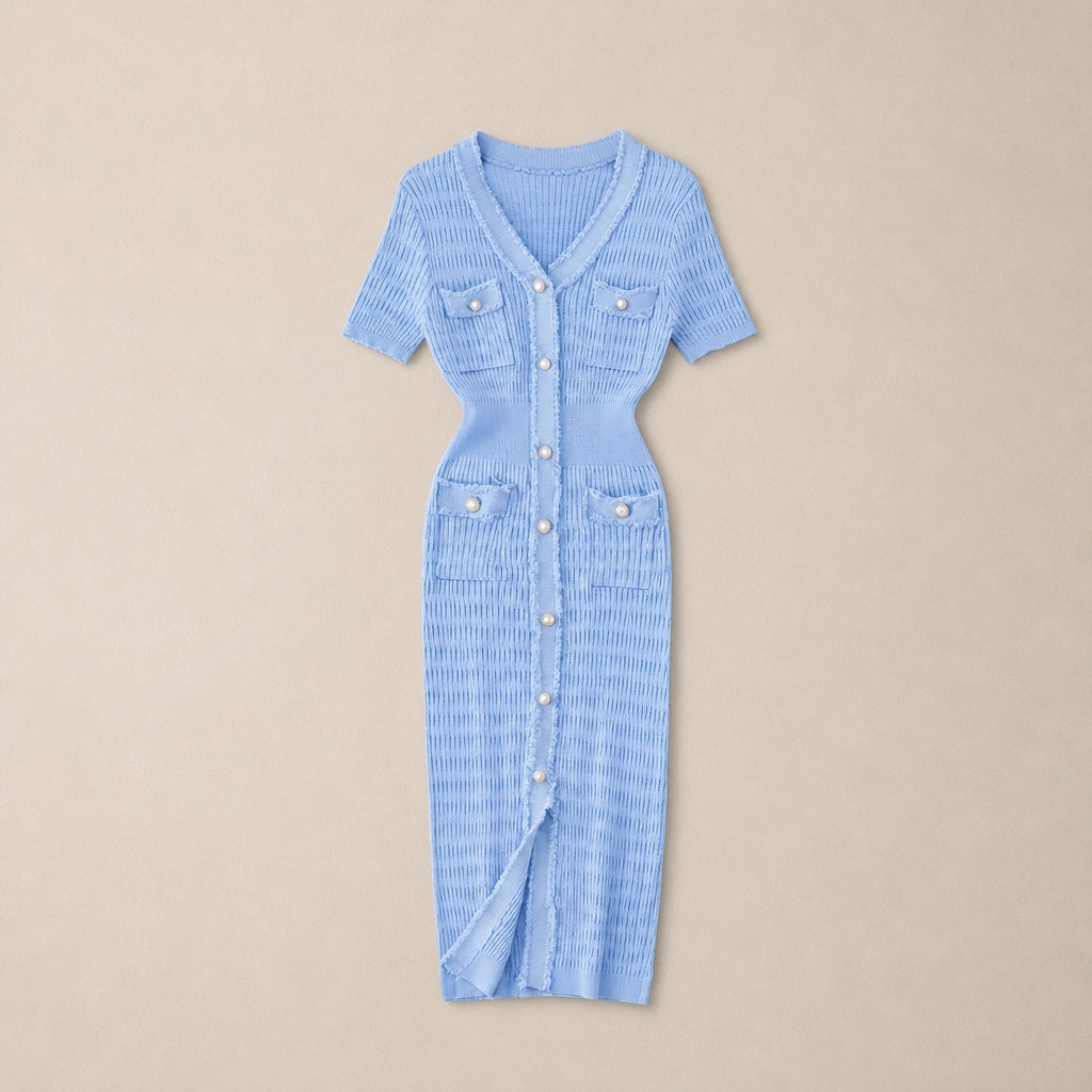Robe Midi Tricotée à Boutonnage Perles Carlina