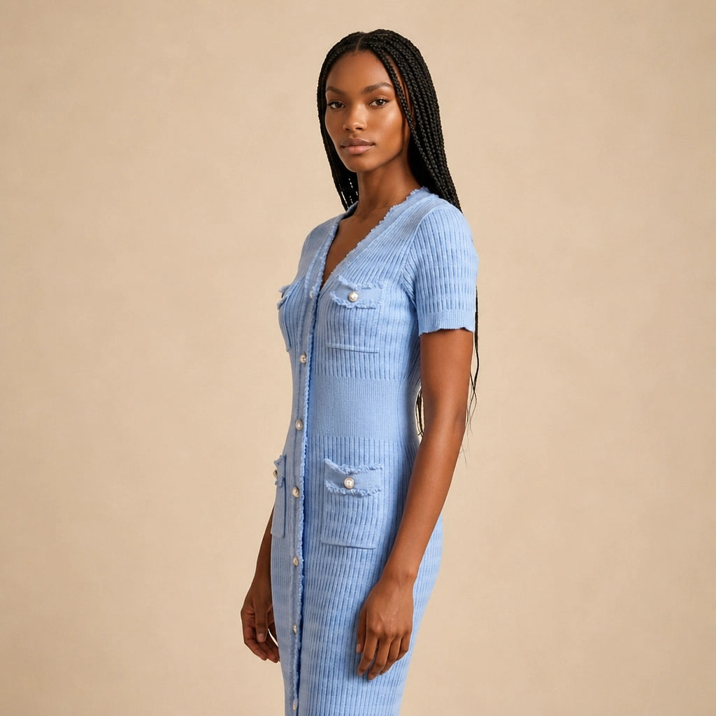 Robe Midi Tricotée à Boutonnage Perles Carlina