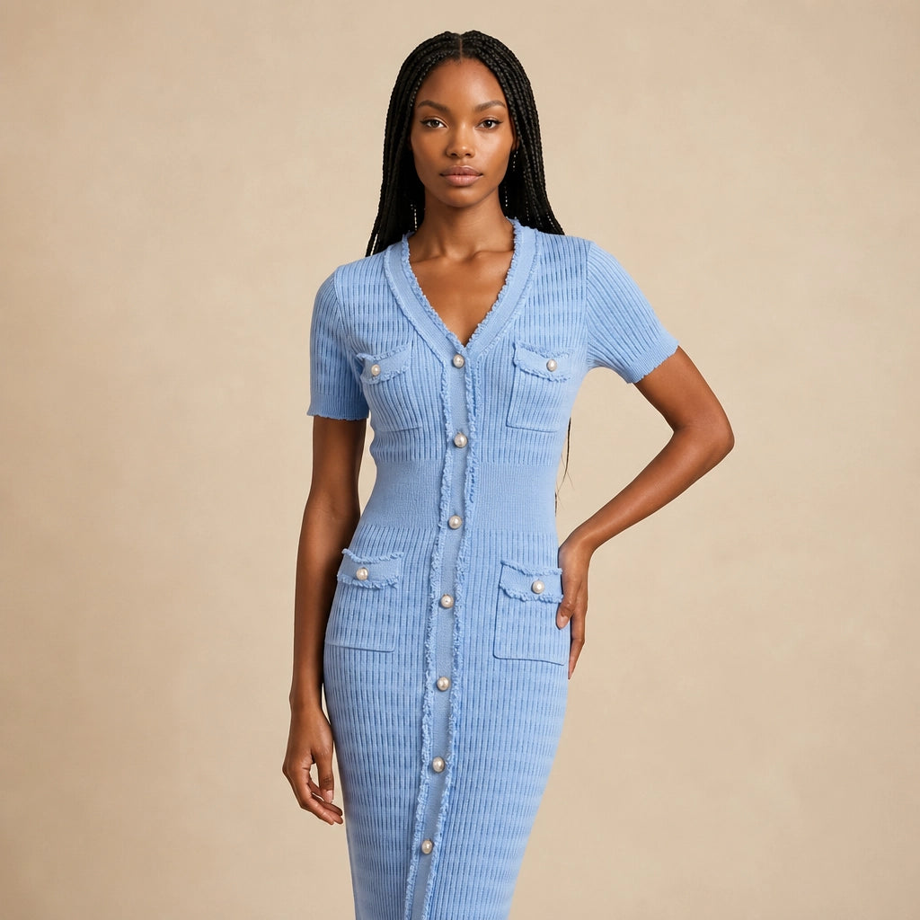 Robe Midi Tricotée à Boutonnage Perles Carlina