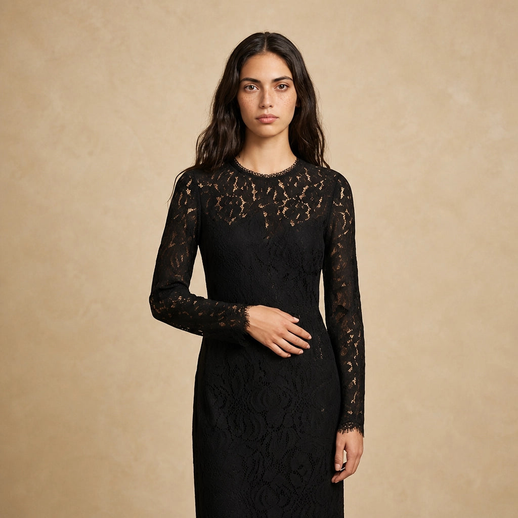 Robe Midi en Dentelle et Manches Longues Parma
